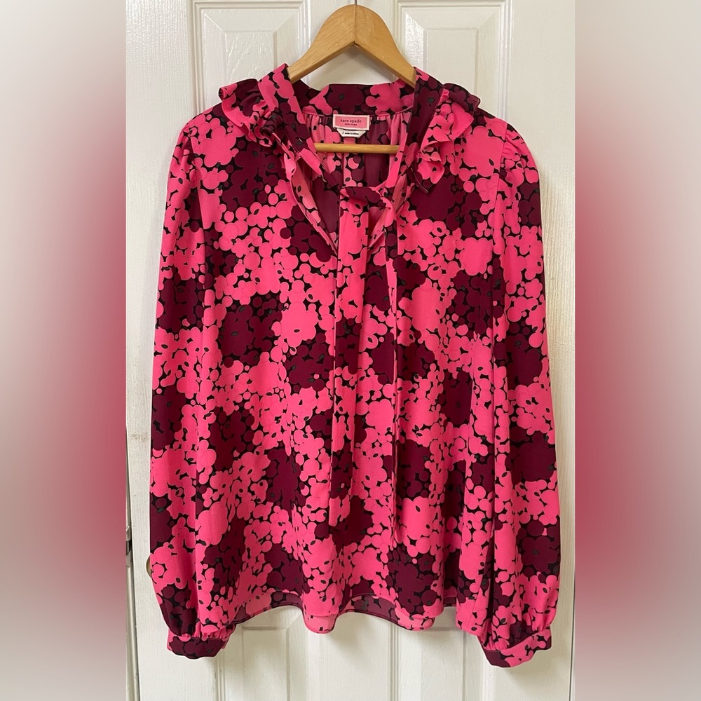 Kate Spade Blouse Top Women’s Large Bubble Dot Floral Tie Neck Pink Designer - Picture 2 of 10
